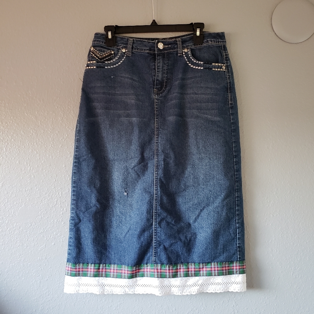 Cato Midi Length Denim Jean Skirt Lace Plaid Hem